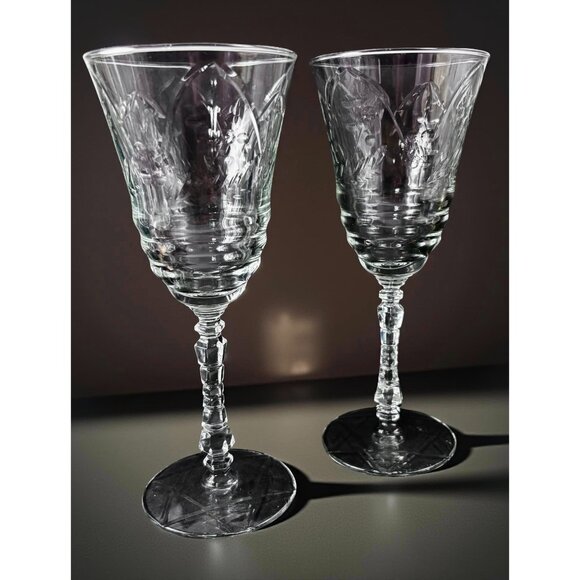 2 Vintage Wine Glasses Normandy Rock Sharpe Set Ornate Stems & Floral Elegant Dr - Picture 3 of 8